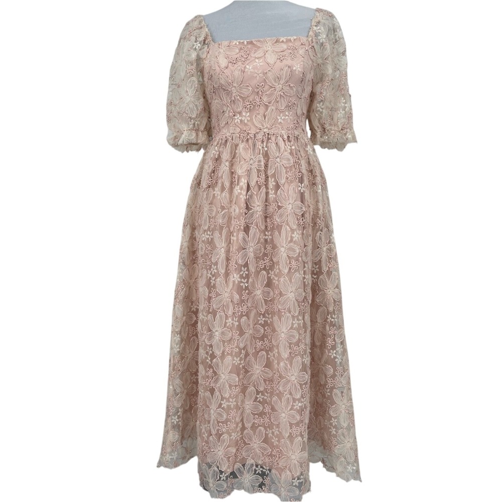 In February Blush Floral Embroidered Midi Dress Puff Sleeve Size Small Fairycore
